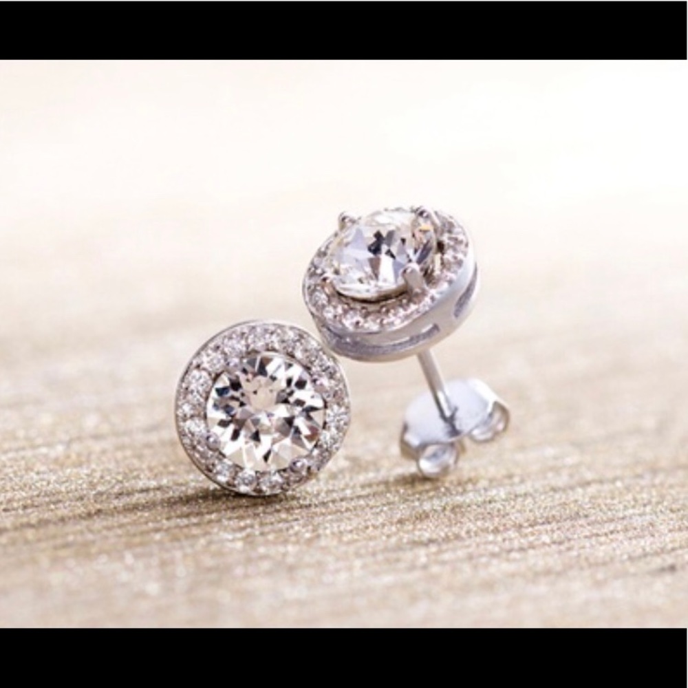 White Gold Halo Stud Earrings w/Swarovski Elements